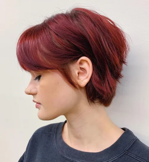 Dark Red Bixie Cut with Middle Part Bangs