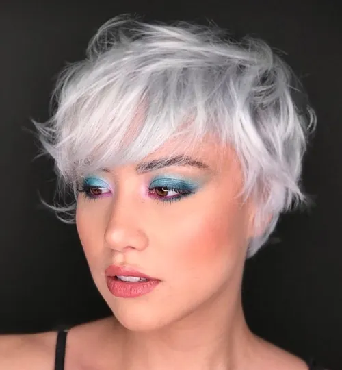 Messy White Pixie with Long Layers and Bangs