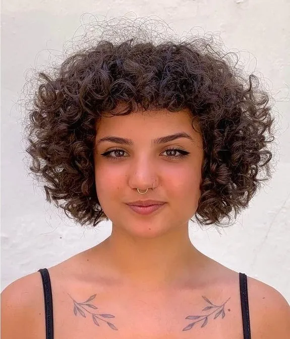 Rounded Curly Bob Jaw Length Curly Bob with Bangs