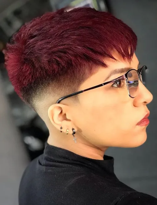 Short Dark Red Taper Fade Pixie