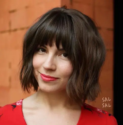 Shaggy Short Wavy Bob Haircut with Bangs Choppy Brown Bob with Bangs